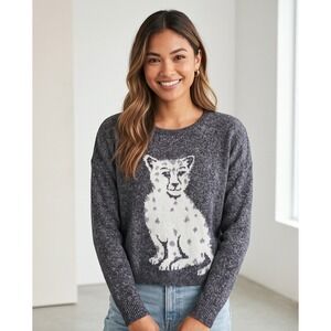 Hollister Womens M Gray Cheetah Graphic Knit Sweater Cozy Whimsical Cottagecore